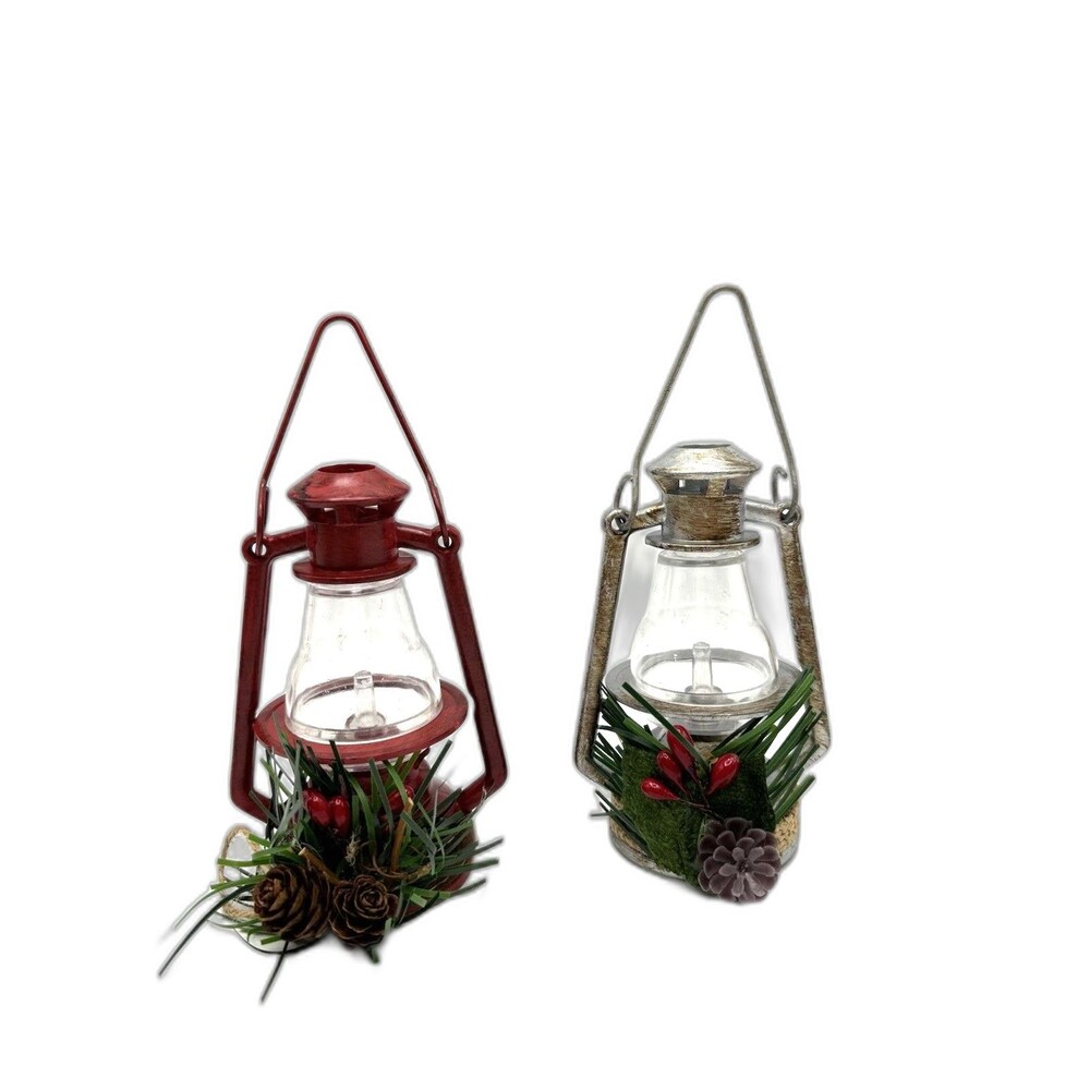 Christmas Lanterns Camping Ornaments Red And Silver Pine cone, Berries Decor